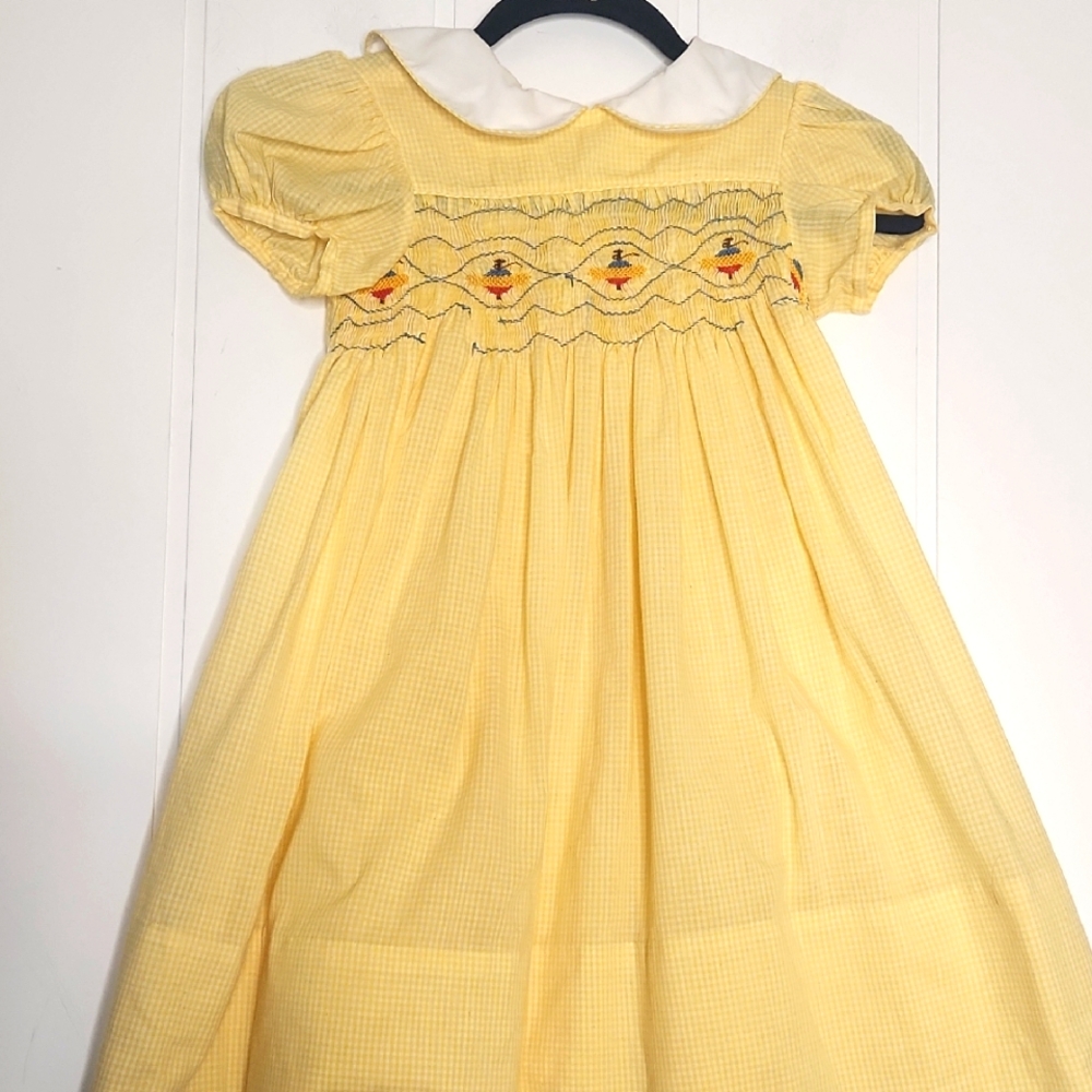 Yellow vintage Smocked Dress with White peter pan Collar